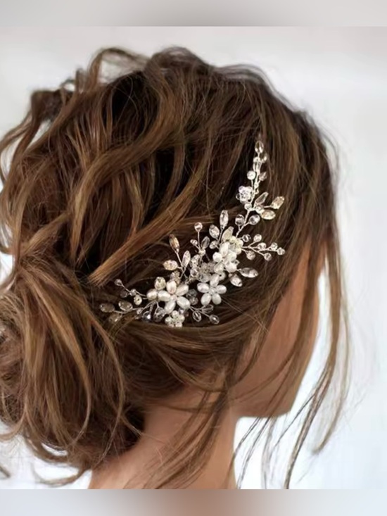 None Accessories - Pearl & Crystal Floral Hair Comb - Silver